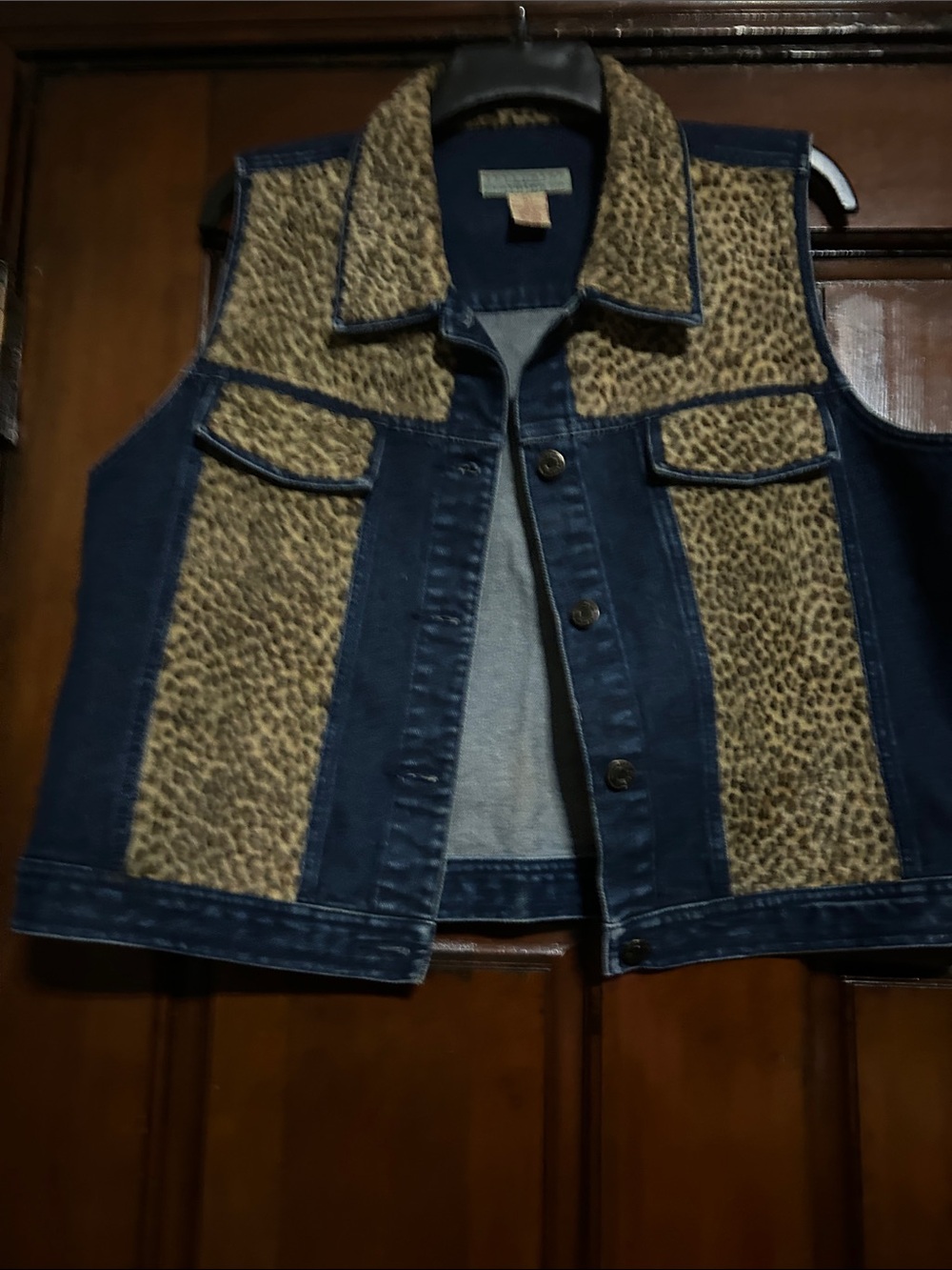 Women's Denim Vest with Leopard-Print Panels - Navy & Tan